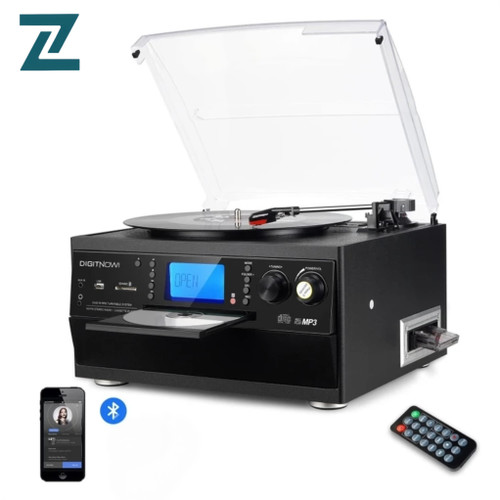 گرامافون بلوتوثی DIGITNOW! با بلندگوی استریو | تبدیل وینیل LP به MP3، پخش CD و کاست، رادیو، AUX، USB و SD با کنترل از راه دور