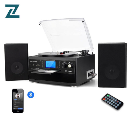 گرامافون بلوتوثی DIGITNOW! با بلندگوی استریو | تبدیل وینیل LP به MP3، پخش CD و کاست، رادیو، AUX، USB و SD با کنترل از راه دور با دو اسپیکر جانبی استریو